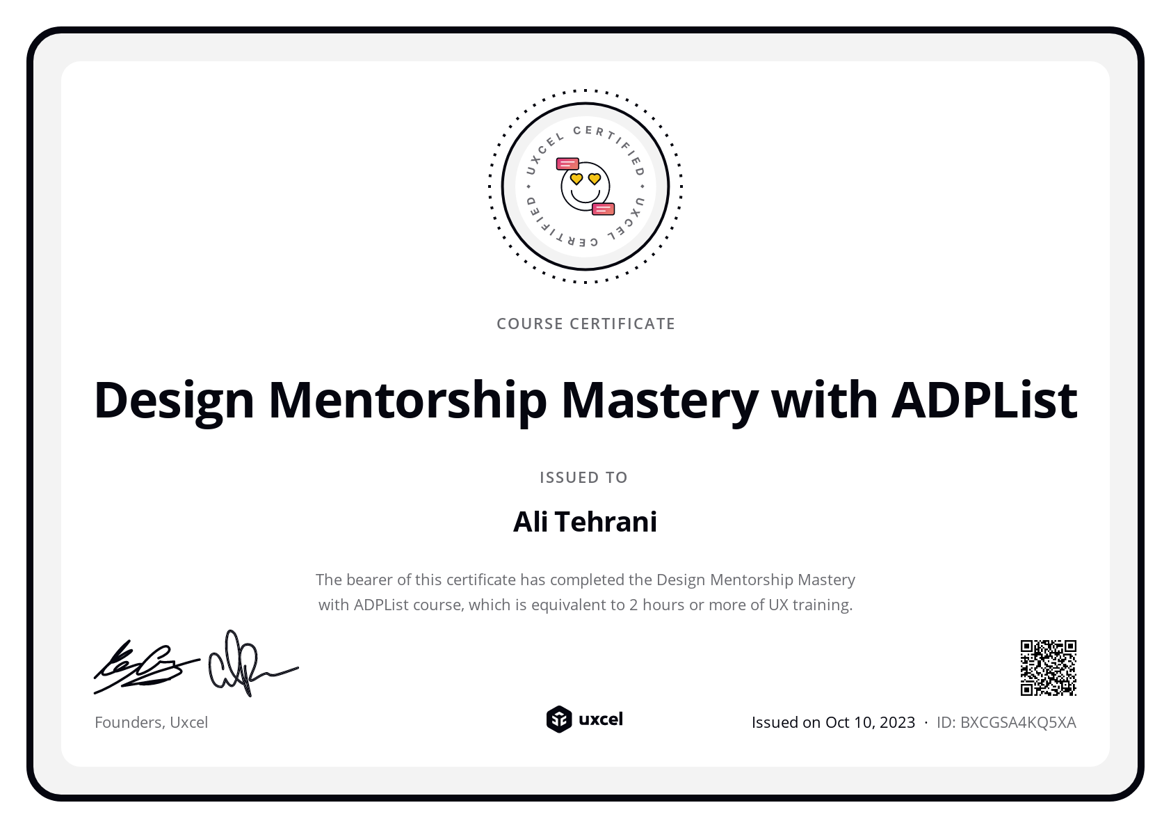 Ali Tehrani's certificate